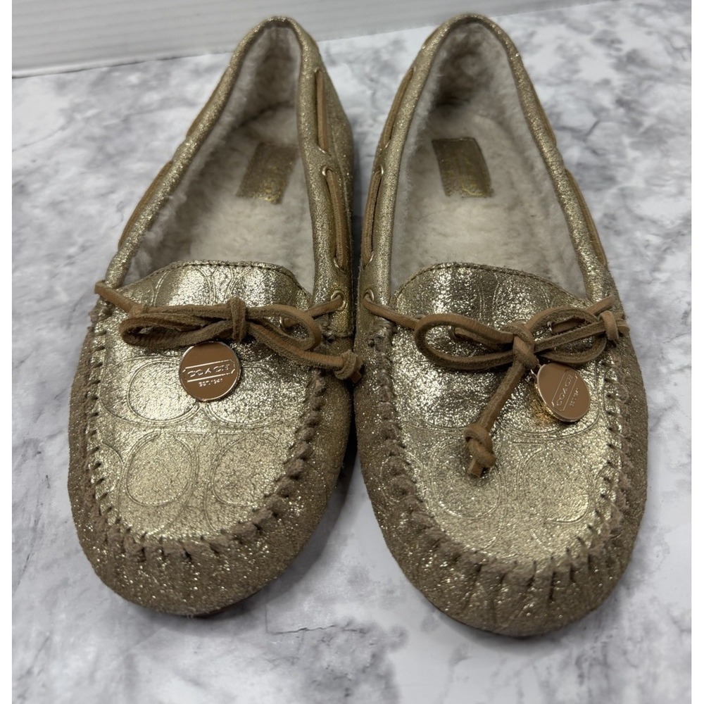 COACH Women's Antonia Suede Moccasin Slippers – Gold Metallic– Size 8.5B (EU 39)